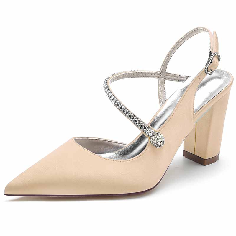 Women's strappy satin wedding heels in nude with elegant rhinestone strap detail