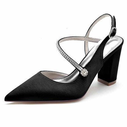 S&DCo. women's strappy satin wedding heels with rhinestone embellishments and a block heel design