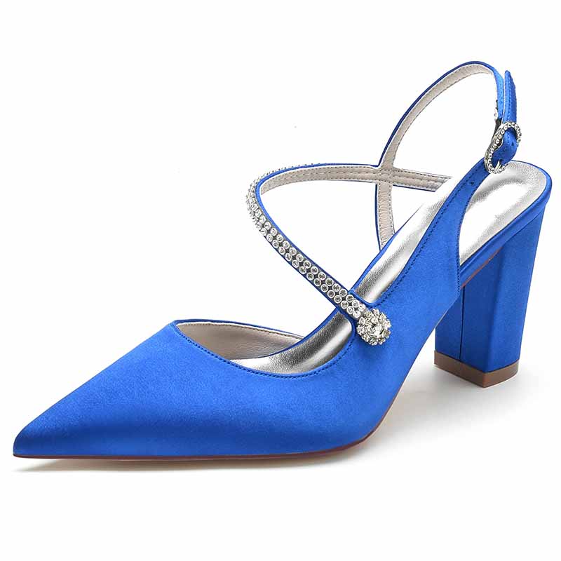 Women's strappy satin wedding heels in royal blue with embellished buckle detail