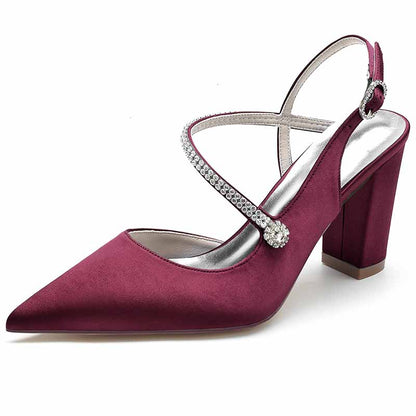 S&DCo. women's strappy satin wedding heels in burgundy with rhinestone accents and a block heel