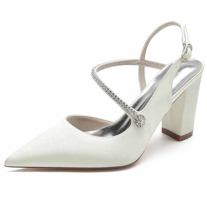Women's strappy satin wedding heels with embellished ankle strap and pointed toe design
