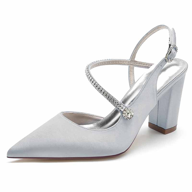 Women's strappy satin wedding heels with diamond accents and a chic pointed toe design