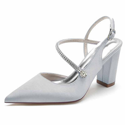 Women's strappy satin wedding heels with diamond accents and a chic pointed toe design