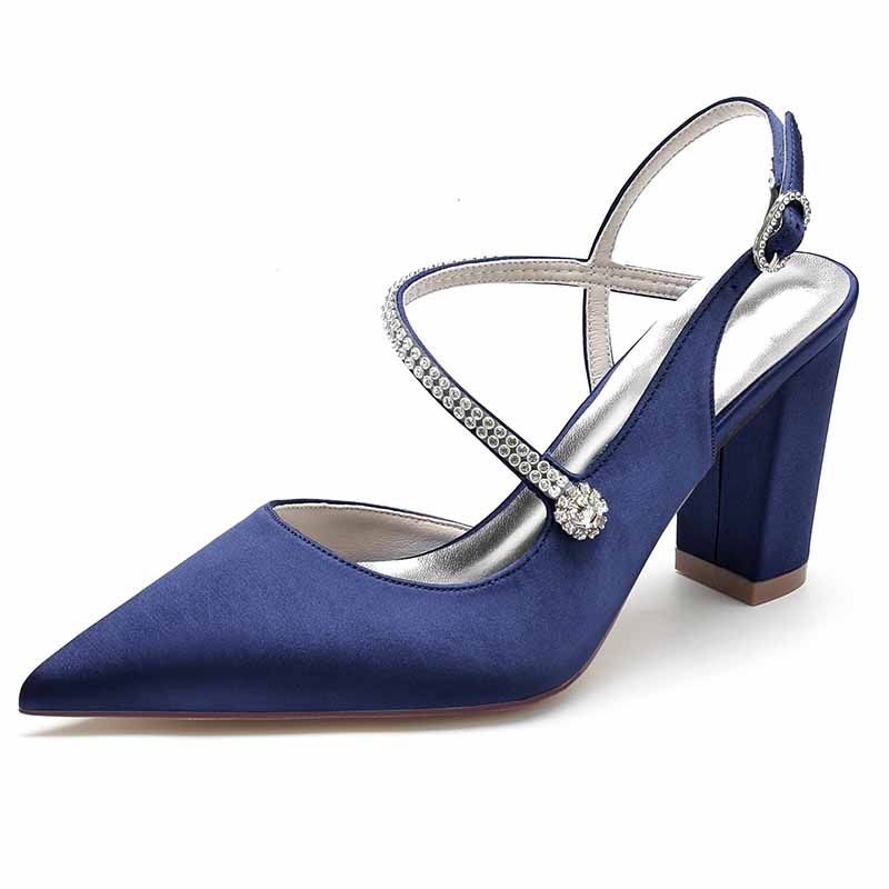 Women's strappy satin wedding heels in navy blue with embellished ankle straps and block heels