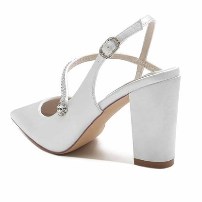 Elegant women's strappy satin wedding heels with a block heel and decorative embellishments