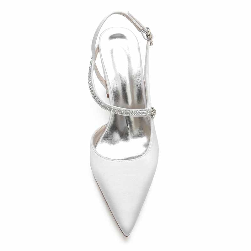 Women's strappy satin wedding heels in white with elegant design and sparkling accents
