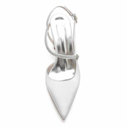 Women's strappy satin wedding heels in white with elegant design and sparkling accents