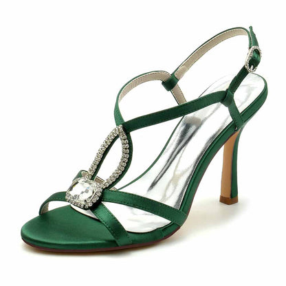 Elegant green women's strappy wedding shoes with sparkling rhinestone embellishment and slim high heel