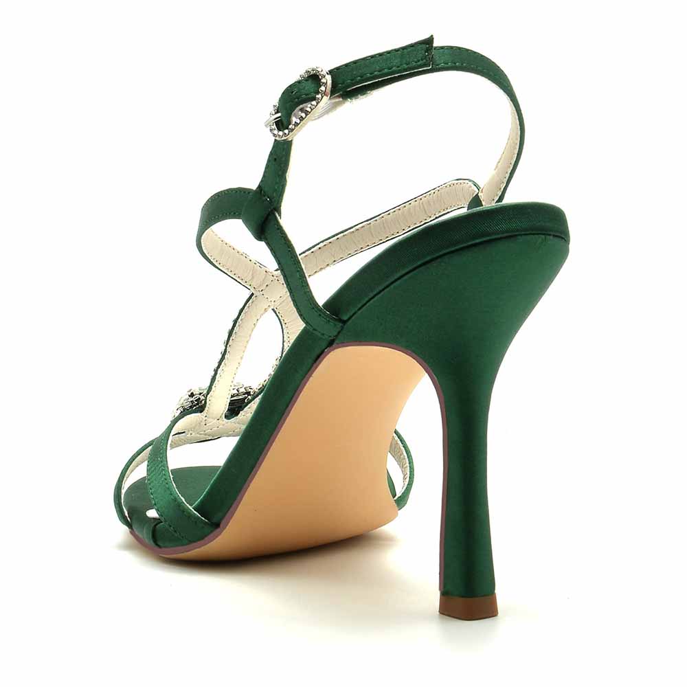 S&DCo. women's strappy wedding shoes in green satin with elegant heel design