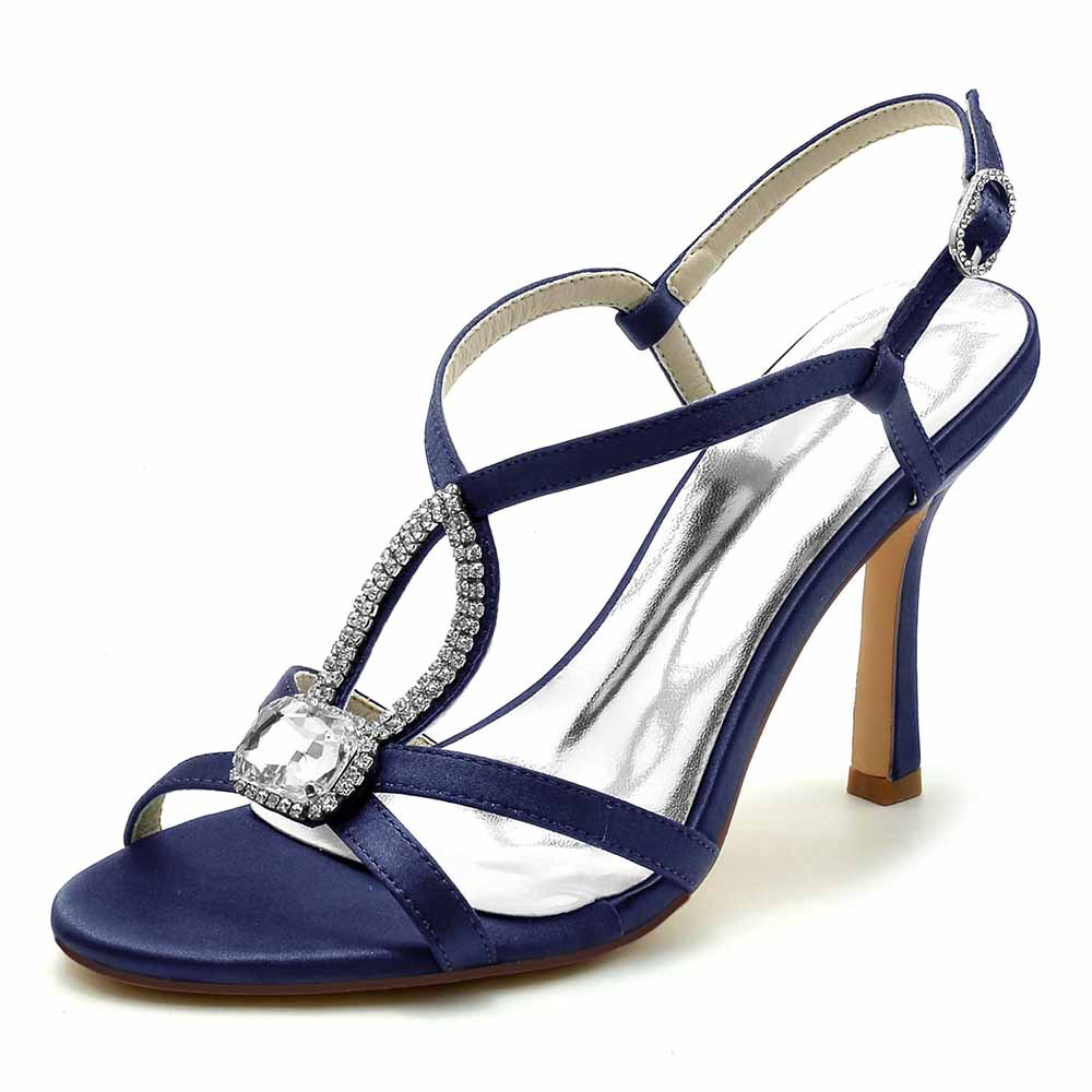 S&DCo. women's strappy wedding shoes in navy blue with a sparkling crystal detail on the front