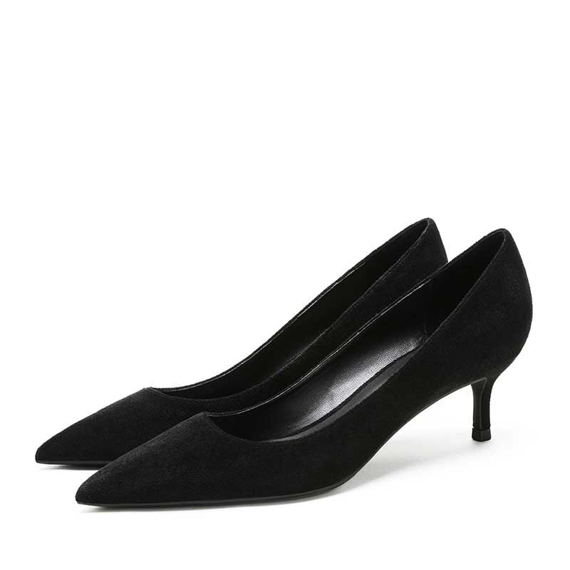 Elegant women's suede party heels in black with a chic pointed toe design