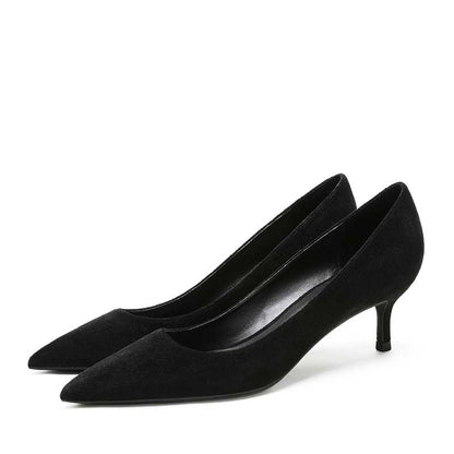 Elegant women's suede party heels in black with a chic pointed toe design