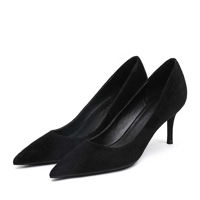 Elegant black women's suede party heels with a pointed toe and slim heel design