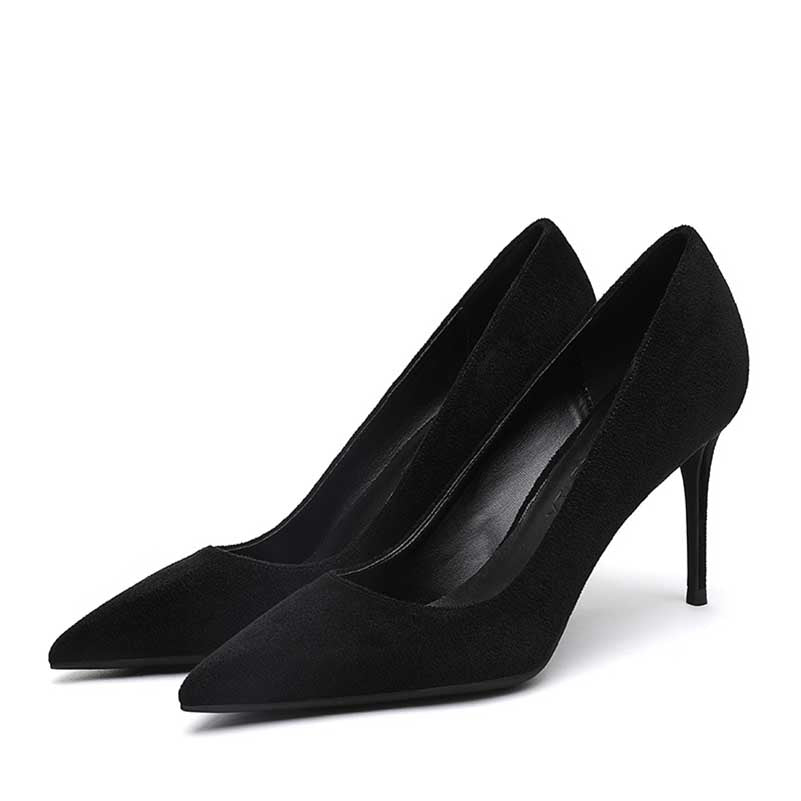Stylish black women's suede party heels with a pointed toe and stiletto heel for elegant evening wear