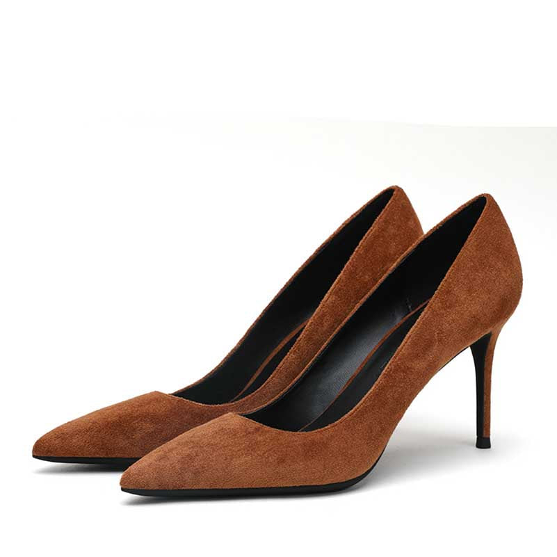 Stylish women's suede party heels in brown with a sleek pointed toe design and stiletto heel