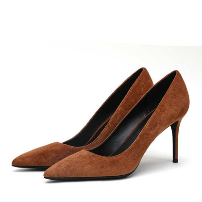 Stylish women's suede party heels in brown with a sleek pointed toe design and stiletto heel