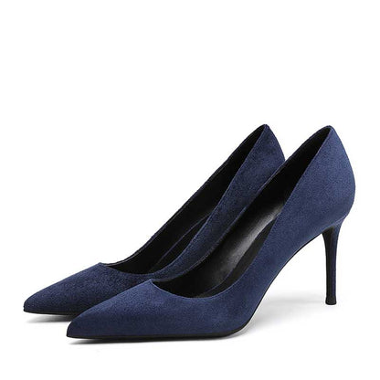 Elegant women's suede party heels in navy blue with a sleek pointed toe design