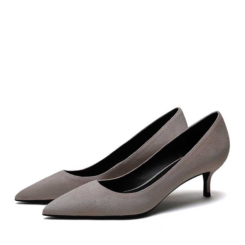 Elegant women's suede party heels in grey with a stylish pointed toe and comfortable kitten heel