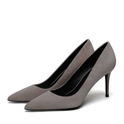 Elegant women's suede party heels in gray with sleek pointed toes and stylish stiletto heels