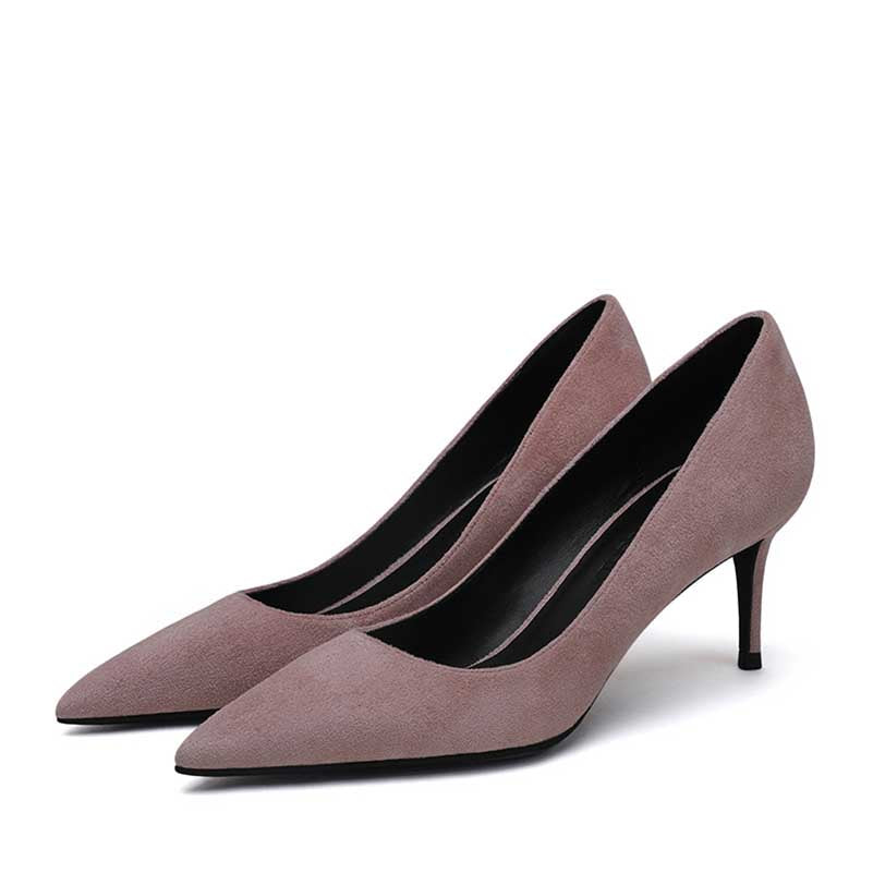 Stylish women's suede party heels in soft pink with a pointed toe design and elegant high heel