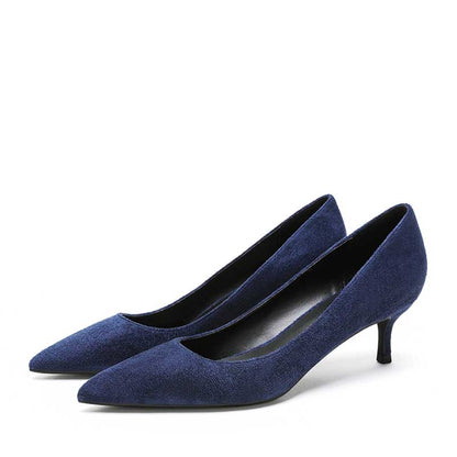 Elegant women's suede party heels in navy blue with a chic pointed toe design