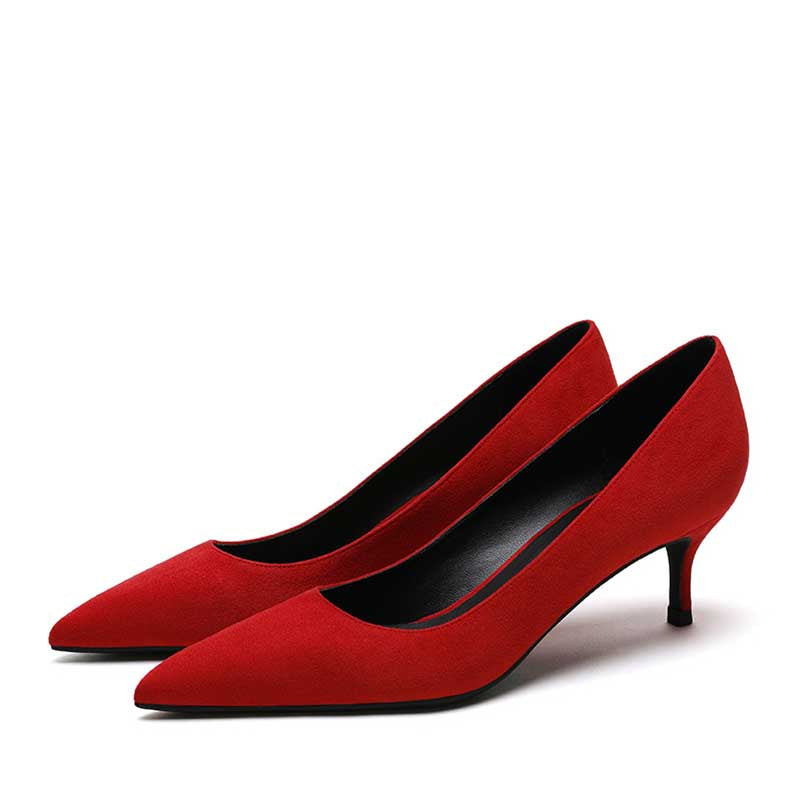 Stylish red women's suede party heels with a sleek design and pointed toes for elegant occasions
