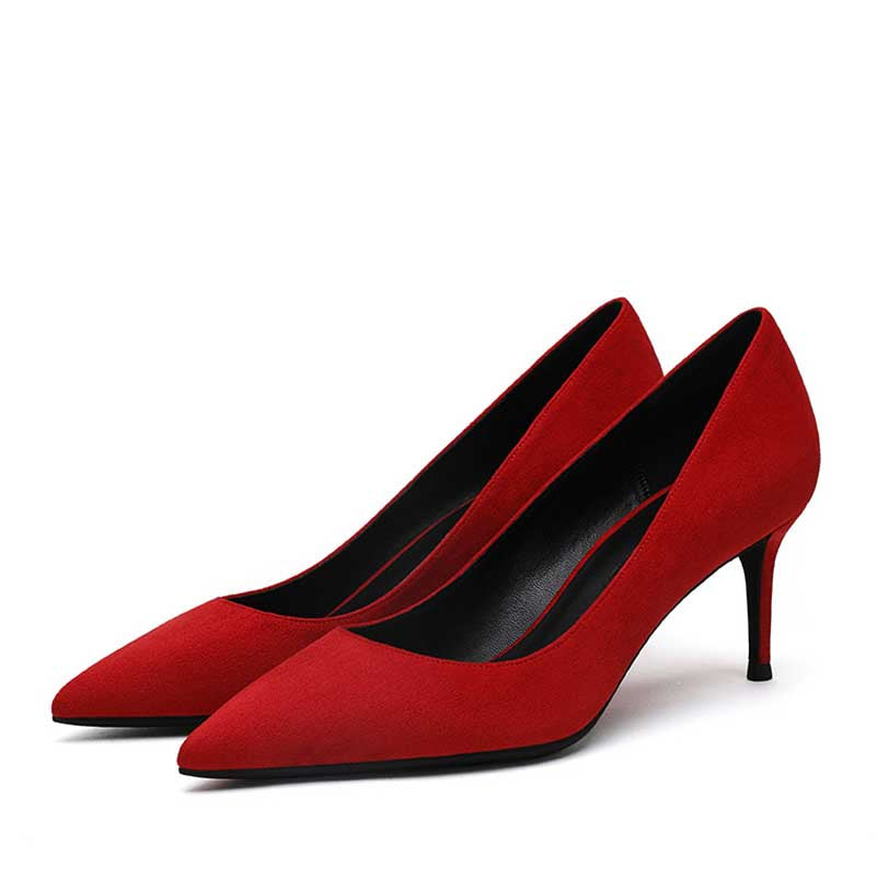 Red SD Dresscode women's suede party heels with sleek pointed toe design and elegant silhouette