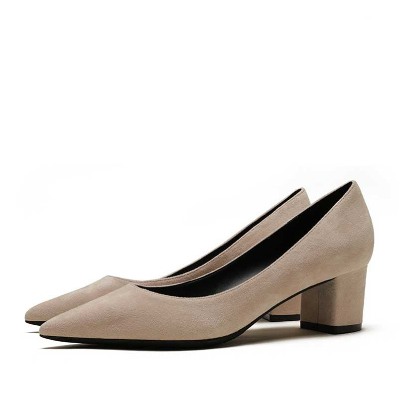 SD Dresscode women's suede party shoes with elegant block heels in light beige color