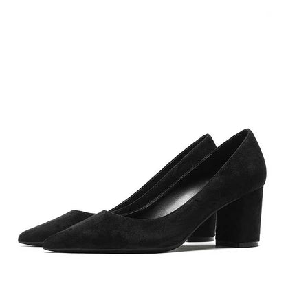 Stylish black women's suede party shoes with elegant block heels for any special occasion