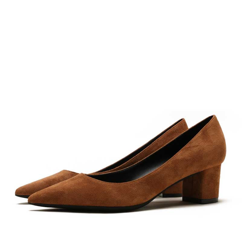 Brown women's suede party shoes with a stylish block heel for elegant occasions