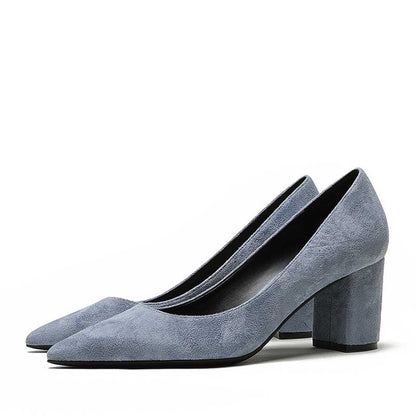 Stylish women's suede party shoes in gray with a classic block heel design