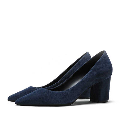Navy women's suede party shoes with a stylish block heel for comfortable wear
