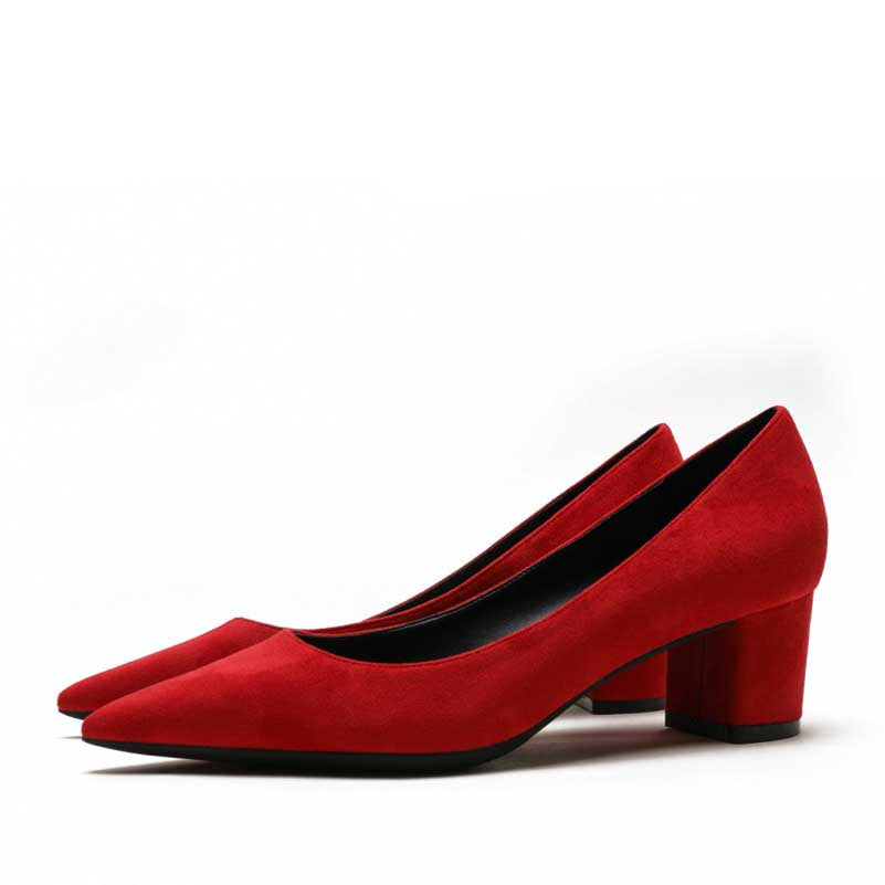 Chic red women's suede party shoes with a stylish block heel for elegant occasions