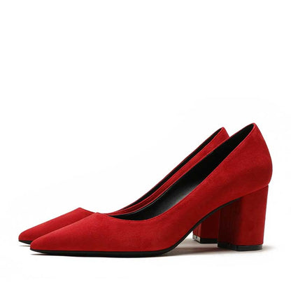 Stylish red women's suede party shoes with a block heel for elegant occasions
