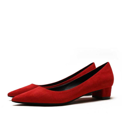 Stylish red women's suede party shoes with a comfortable block heel for elegant occasions