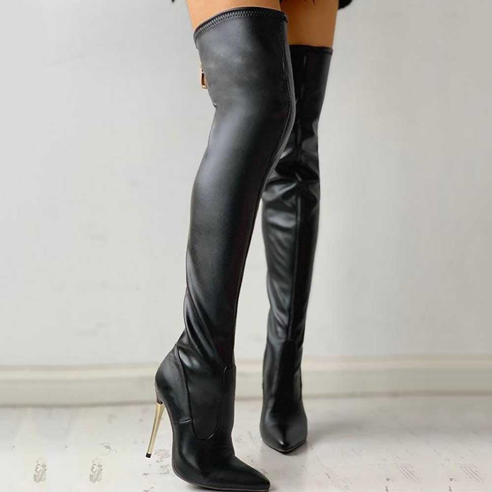 Elegant womens thigh high boots in black with stylish stiletto heels for chic outfits