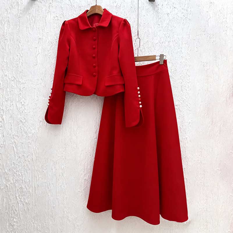 SD Dresscode women's two piece skirt suit in vibrant red with buttoned jacket and flared skirt