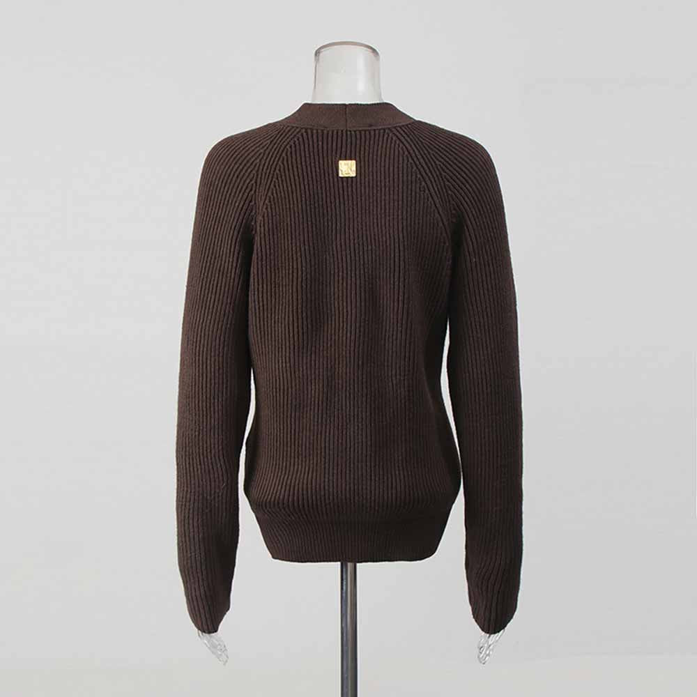 Brown women's v neck knitted cardigan with ribbed texture and back detail from sd-hk