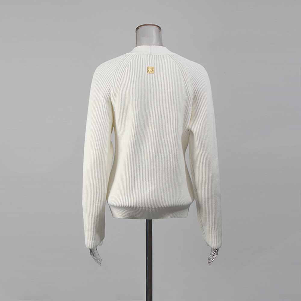 White women's v neck knitted cardigan with ribbed texture and back logo detail