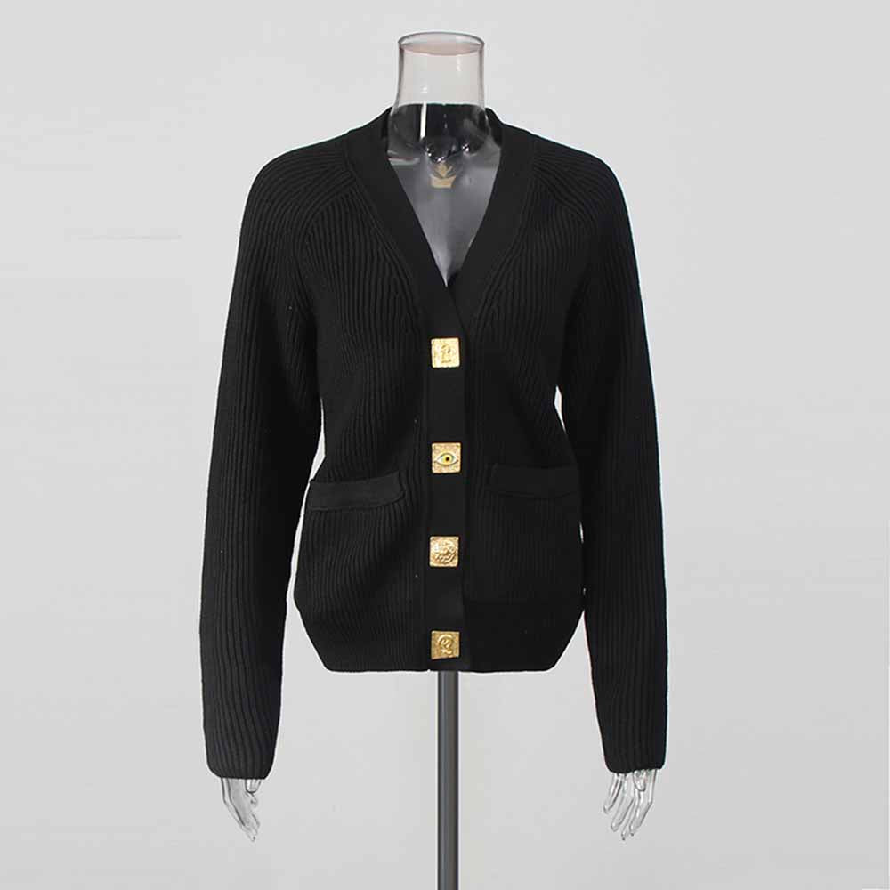 Black women's v neck knitted cardigan with gold buttons and a stylish ribbed texture