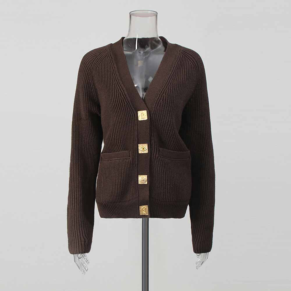 Brown women's v neck knitted cardigan featuring golden buttons and front pockets