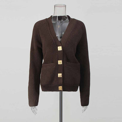 Brown women's v neck knitted cardigan featuring golden buttons and front pockets