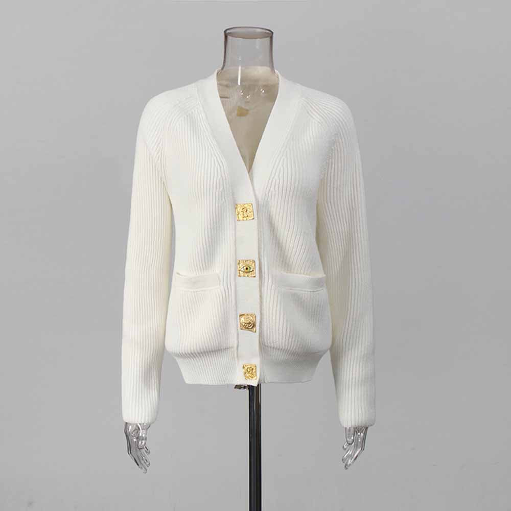 Women's V Neck Knitted Cardigan in White with Gold Buttons and Pockets for Stylish Comfort