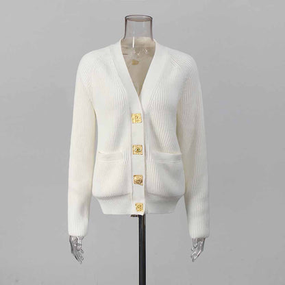 Women's V Neck Knitted Cardigan in White with Gold Buttons and Pockets for Stylish Comfort