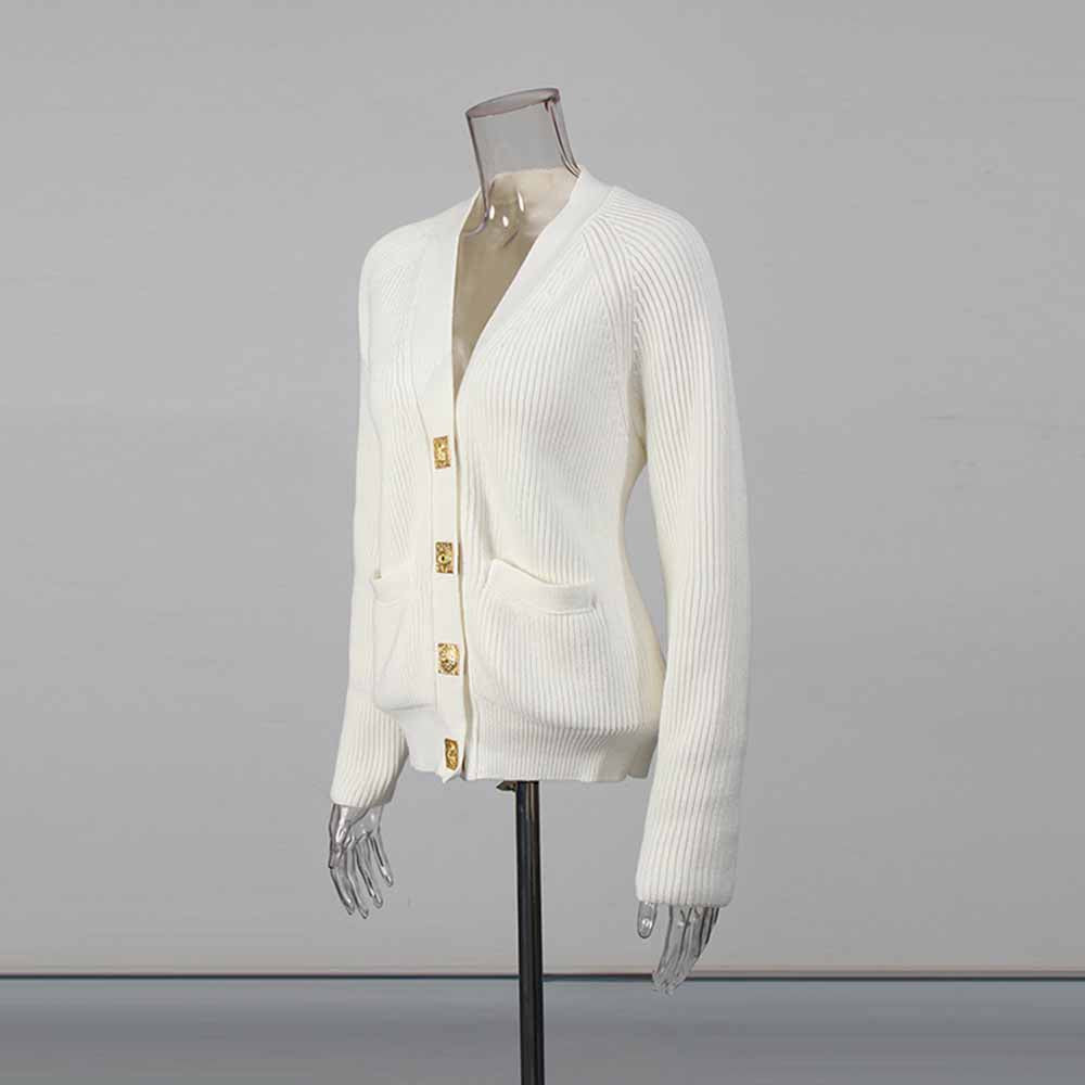 Women's v neck knitted cardigan in white with buttons and pockets for stylish layering