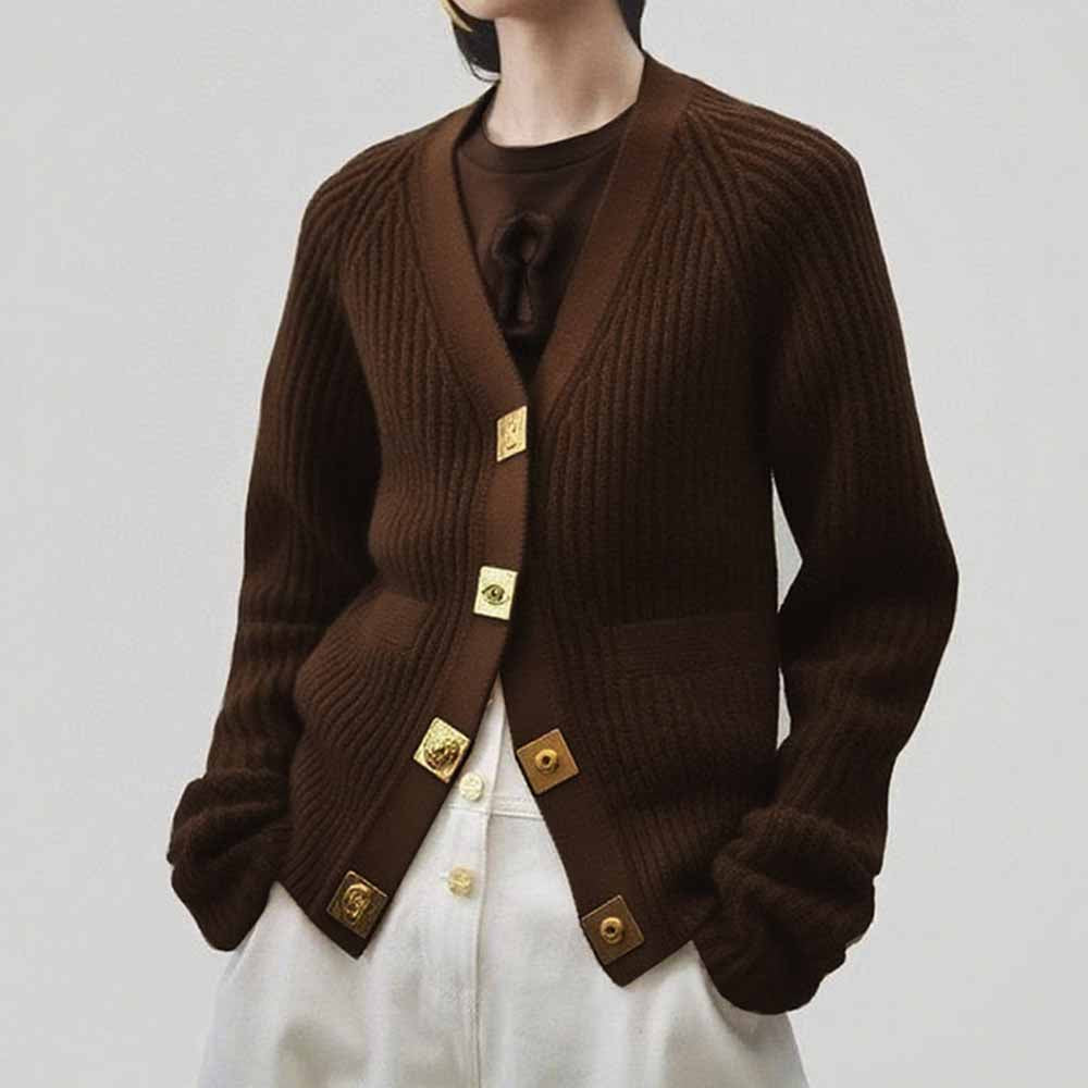 Women's v neck knitted cardigan in brown with stylish gold buttons for a chic look