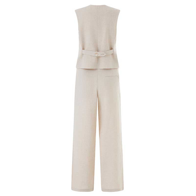 SD Dresscode women's vest pantsuit set in beige with a stylish back and wide-leg pants