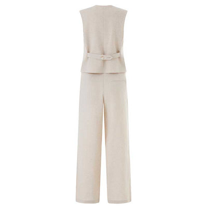 SD Dresscode women's vest pantsuit set in beige with a stylish back and wide-leg pants