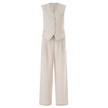 Stylish women's vest pantsuit set in light beige with a tailored vest and wide-leg trousers
