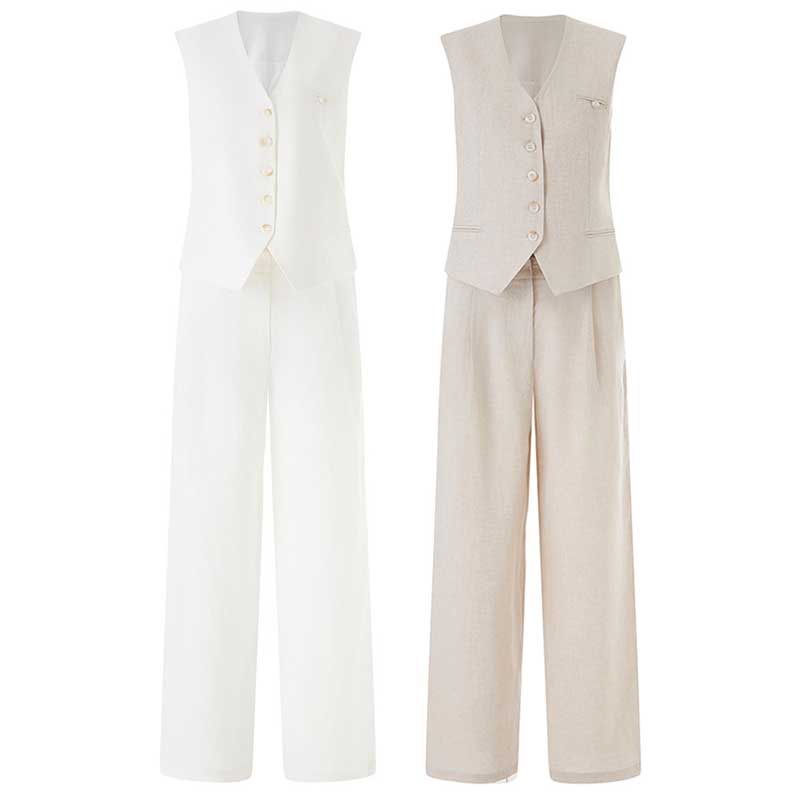 Stylish women's vest pantsuit set in white and beige for chic and elegant looks